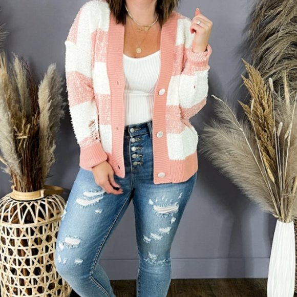 Entro Pink & White Striped Textured Knit Cardigan - Picture 3 of 9